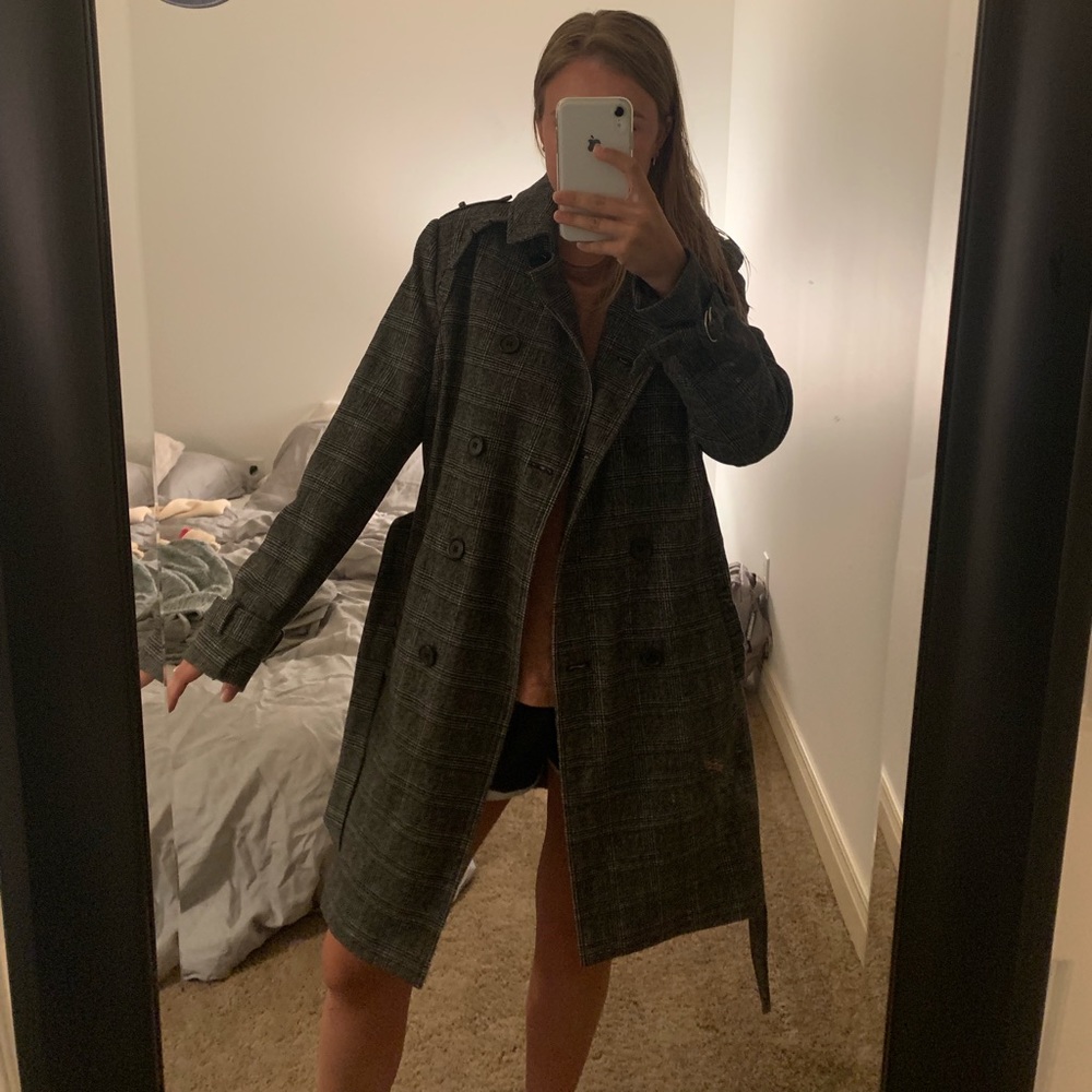 grey fabric trench coat